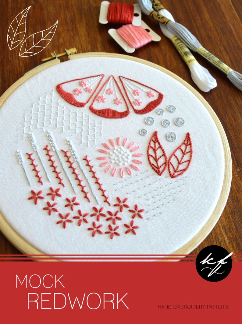 Mock Redwork hand embroidery pattern, a modern design filled with interesting stitches image 2