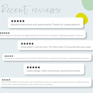 May include: Five customer reviews for a digital download pattern. Each review includes a five-star rating and a comment. The reviews are positive and highlight the pattern's ease of use, clear instructions, and beautiful design.