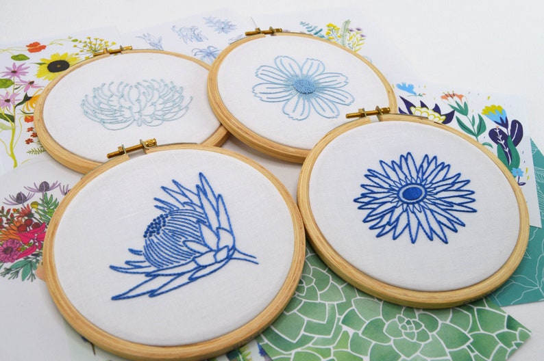 Blue Flora hand embroidery pattern for 4 fresh and contemporary flower designs image 1