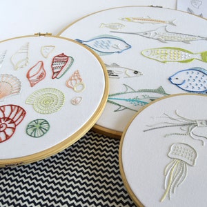 Sea Hoops, 3 collections of fish, jellyfish and shell designs in three PDF embroidery patterns