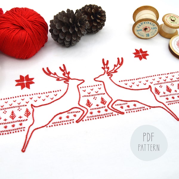 Fair Isle Reindeer, ein Handstickmuster für die Feiertage, das an gemütlichen Strickpullover erinnert