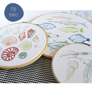 Sea Hoops, 3 collections of fish, jellyfish and shell embroidery designs for beach houses, coastal decor and ocean lovers