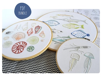 Sea Hoops embroidery pattern bundle. 3 collections of fish, jellyfish and shells (PDF pattern)