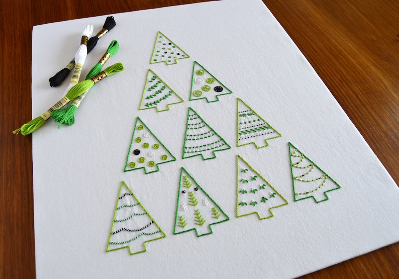 Tree Stack hand embroidery pattern for 10 Christmas trees, to stitch as is or split up and use individually image 1