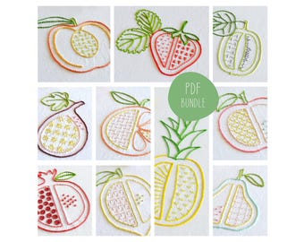 Chopped Fruit, 10 hand embroidery patterns | Modern fruit designs PDF bundle