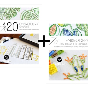 120 Embroidery Stitches + Embroidery Tips, Tricks & Techniques books, how-to guides for modern hand embroidery