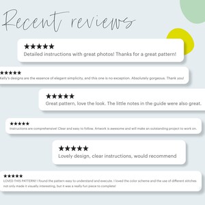 May include: Five customer reviews for a digital download pattern. Each review includes a five-star rating and a comment. The reviews are positive and highlight the pattern's ease of use, clear instructions, and beautiful design.