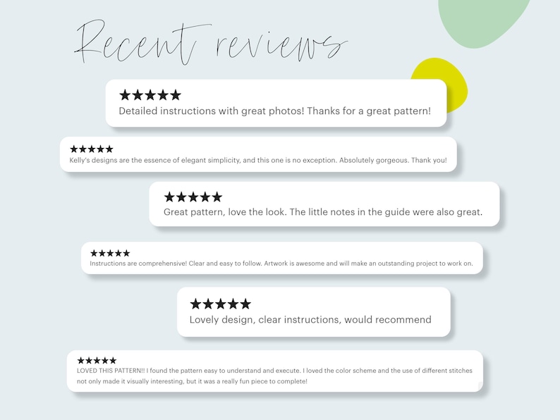 May include: Five customer reviews for a digital download pattern. Each review includes a five-star rating and a comment. The reviews are positive and highlight the pattern's ease of use, clear instructions, and beautiful design.