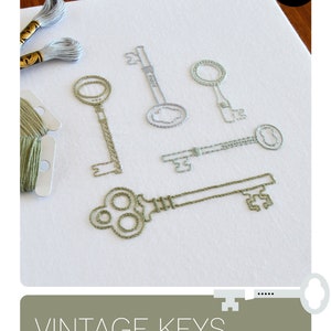 Vintage Keys hand embroidery pattern for a set of five antique keys image 2