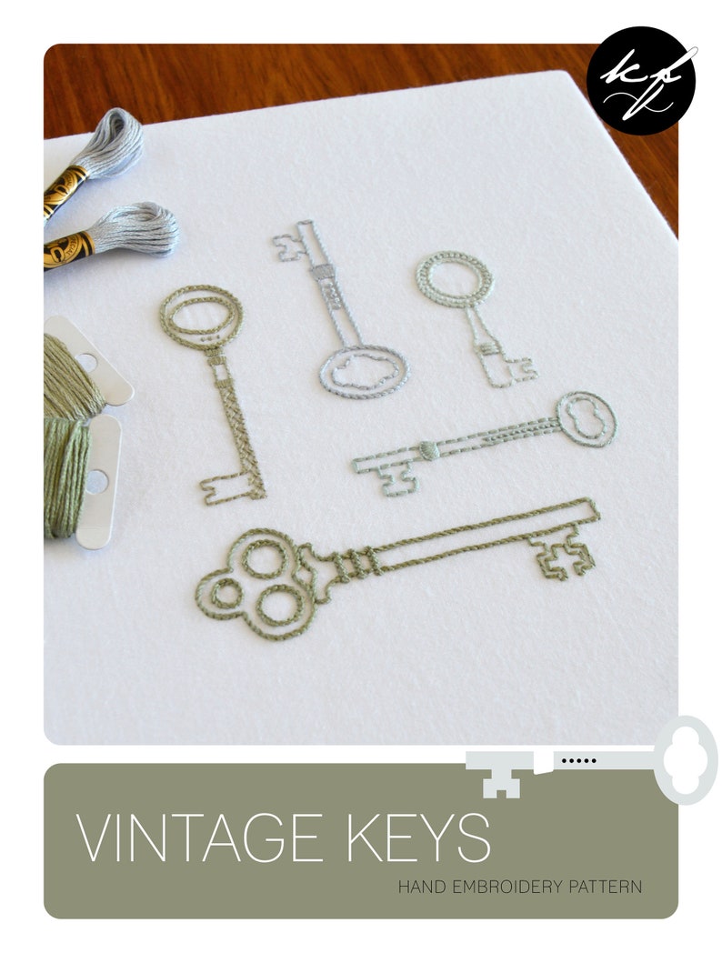 Vintage Keys hand embroidery pattern for a set of five antique keys image 2