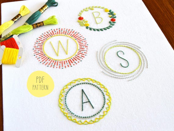 Circular Monograms embroidery pattern. Four alphabets of 26 letters each, in 4 different styles (PDF pattern)