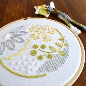 Mock Whitework hand embroidery pattern, a contemporary design filled with interesting stitches