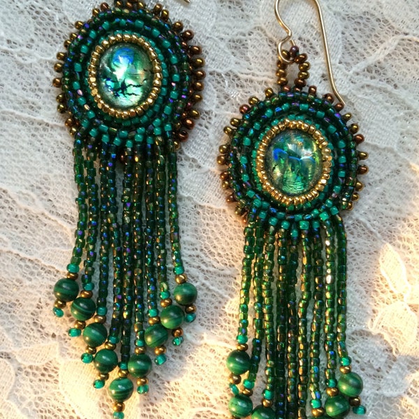 Green-Gold Malachite Beadwork Earrings