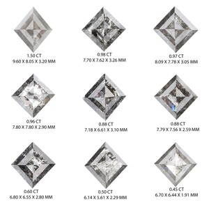 May include: Nine gray, square-cut diamonds are displayed, each with a different carat weight and millimeter measurements. The diamonds have a textured appearance and are set against a white background. The largest diamond is 1.50 CT, 9.60 x 8.05 x 3.20 MM.