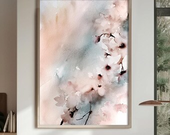May include: A framed watercolor painting with a soft, abstract design. The artwork features a blend of pink, blue, and white hues, with delicate floral elements. The painting is displayed above a fireplace in a modern living room setting.