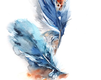 Blue feathers original watercolor painting, feathers art, modern feathers watercolour art painting