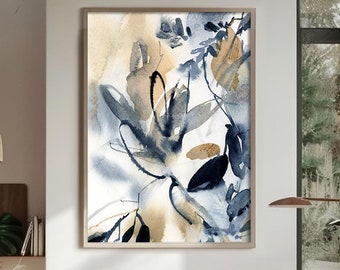 Abstract Leaves Canvas Art Print, Blue Botanical Wall Art, Abstract Nature Decor, Dark Blue Leaf Painting, Print on Canvas, Abstract Florals