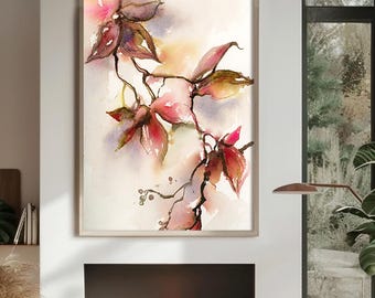 Autumnal Leaves Canvas Art Print, Pink Botanical Watercolor Print, Leaf Painting Art