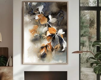 Autumnal Leaves Canvas Art Print, Autumn Tree Branch Watercolor Print, Botanical Painting
