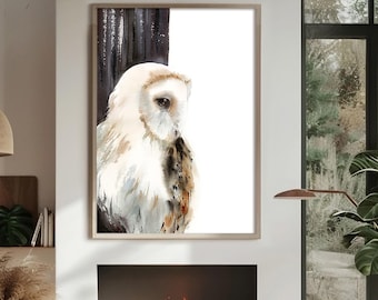 Barn Owl Canvas Art Print, Bird Watercolor Print, White Owl Painting Woodland Wall Decor on Canvas