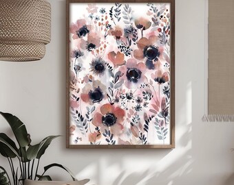 May include: A framed wall art print featuring a watercolor illustration of various flowers in shades of dusty pink, muted orange, and dark blue, set against a white background with delicate green and grey foliage accents.