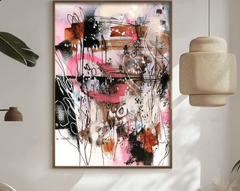 Abstract Canvas Print with Pink and Rust Accents - Bright Contemporary Wall Decor Abstract Mixed Media Painting