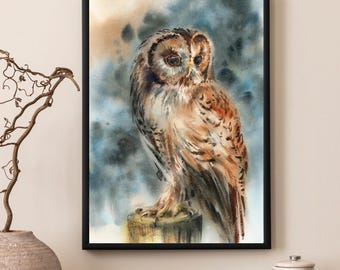Watercolor Owl Print, Woodland Bird Canvas Art, Ready to Hang Wall Decor, Owl Painting