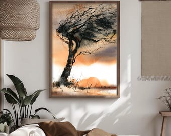 Windy Tree Canvas Art Print, Semi Abstract Landscape Watercolor Print, Dramatic Woodland Wall Decor