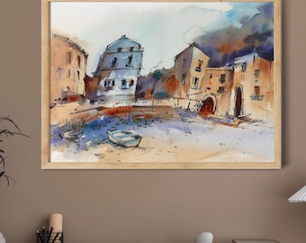 Mediterranean Cityscape Canvas Print, Watercolor Print, Architecture Buildings Painting, Sea Bay City Travel Art
