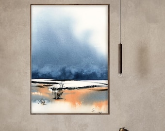 Abstract Landscape Canvas Art Print, Blue Orange Nature Painting, Minimalist Landscape Watercolor Print