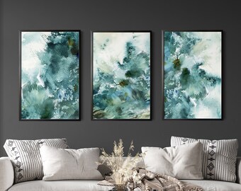 Abstract Sea Painting, 3 Canvas Prints Set, Gallery Wall Art, Coastal Wall Decor, Sea Artwork, Abstract Waves Teal Living Room 3 Pieces Set