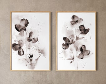 Abstract Floral 2 Canvas Art Prints Set, Brown Flowers Paintings, Boho Wall Art, Ready to Hang Art, Bedroom Neutral Wall Decor, Watercolor