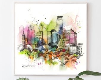 Minneapolis Canvas Art Print, Skyline City Art Print, Urban Sketching Painting Art, Architecture Watercolor Print, Minnesota Wall Decor