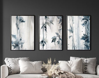 Abstract Blue Canvas Prints Set of 3, Leaves Botanical Watercolor Painting, Gallery Wall Set Above Couch Living Room Decor Prints on Canvas