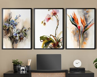 Tropical Flowers Paintings 3 Pieces Wall Art Prints, Orchids and Bird of Paradise Florals Watercolor Art, Floral Set of 3 Canvas Art Prints