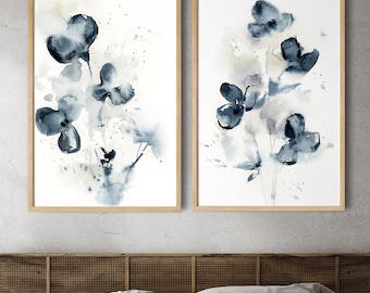 Abstract Blue Floral 2 Canvas Art Prints Set, Flowers Watercolor Painting Nature Loose Style Wall Decor Art