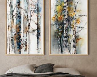 Tree Canvas Art Prints 2 Set Wall Art, Birch Forest Painting Art, Watercolor Prints, Woodland Wall Decor