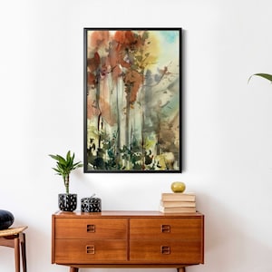 Fall Forest Painting, Autumn Landscape, Canvas Art Print, Abstract Trees Watercolor Painting, Abstract Nature Print, Woodland Wall Decor image 1