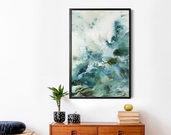 Watercolor Painting Sea Inspired Canvas Print, Abstract Waves Art Decor Teal Emerald Green Colors, Abstract Sea Print on Canvas Large Sizes