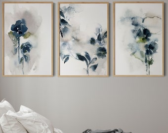Abstract Blue Florals 3 Canvas Art Prints Set, Botanical Watercolor Print, Nature Painting Wall Decor
