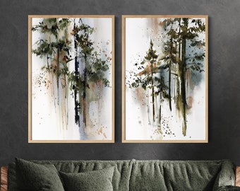 Pine Forest  Canvas Art Prints 2 Pieces Set, Green Tree Paintings, Pine Tree Prints, Evergreen Nature Watercolor, Woodland Decor