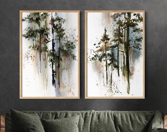 Pine Forest Canvas Art Prints 2 Pieces Set, Green Trees Paintings, Pine Tree Art Prints, Evergreen Nature Watercolor, Woodland Wall Decor