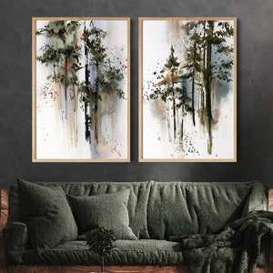 Pine Forest Wall Art, Canvas Art Prints 2 Pieces Set, Green Tree Paintings, Pine Tree Prints, Evergreen Nature Watercolor, Woodland Decor