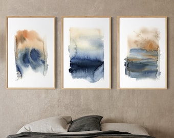 Abstract Canvas Prints 3 Pieces Wall Decor Set, Blue Terracotta Earthy Canvas Prints, Abstract Landscape Paintings, Minimalist Nature Prints