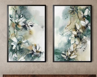 Abstract Botanical Canvas Prints Set of 2 Pieces Wall Decor Teal and Beige Florals Watercolor Painting, Botanical Art