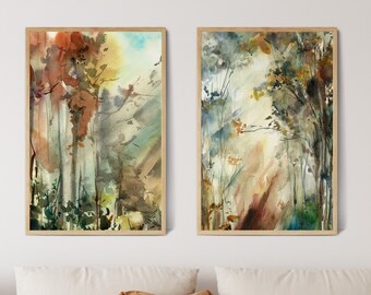 Forest Wall Decor Set of 2 Canvas Art Prints, Abstract Tree Paintings, Watercolor Nature Home Decor, Woodland 2 Pieces Wall Prints on Canvas