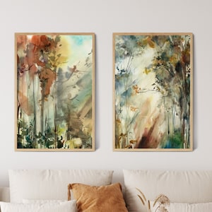 Forest Wall Decor, Set of 2 Fine Art Prints, Abstract Tree Paintings, Watercolor Nature Home Decor, Woodland 2 Pieces Wall Prints on Canvas