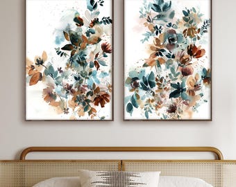 Abstract Botanical 2 Canvas Prints Teal Burnt Orange, Watercolor Floral Prints, Flowers Painting Wall Decor