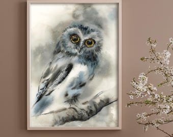 Owl Canvas Art Print, Bird Watercolor Print, Owl Painting Woodland Wall Decor on Canvas