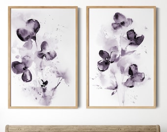 Purple Abstract Florals Canvas Prints 2 Set, Flowers Art Prints, Botanical  Watercolor Paintings, Florals Prints Above the Bed Wall Decor